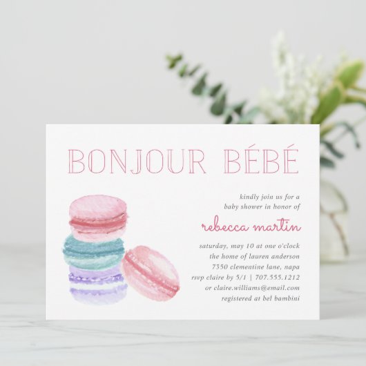 Bonjour Bébé | Macaron Baby Shower Einladung (Stehend Vorderseite)