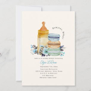 Bonjour Bébé Macarons Milch Florales Blau Baby Sho Einladung
