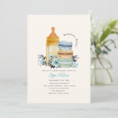 Bonjour Bébé Macarons Milk Floral Blue Baby Shower Einladung (Stehend Vorderseite)