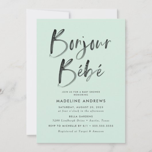 Bonjour Bebe Mint Green French Baby Dusche Einladung (Vorderseite)