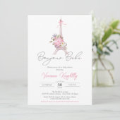 Bonjour Bebe Paris Eiffel Pink Blume Babydusche Einladung (Stehend Vorderseite)
