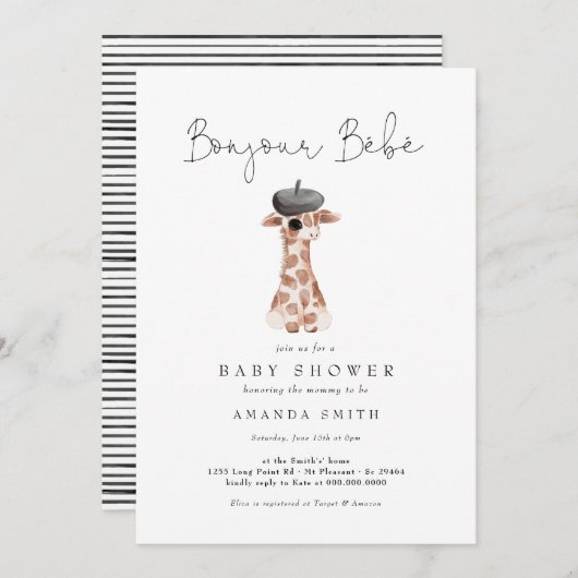 Bonjour Bebe Paris Französisch Giraffe Babydusche Einladung (Vorne/Hinten)