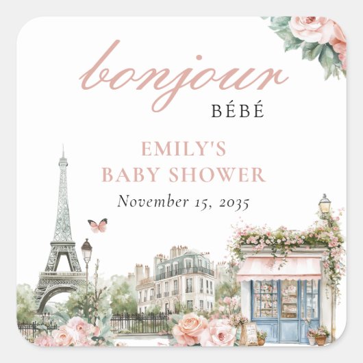 Bonjour Bébé Paris French Baby Shower Quadratischer Aufkleber (Vorderseite)