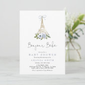 Bonjour Bebe Paris French Blue Eiffel Baby Dusche Einladung (Stehend Vorderseite)