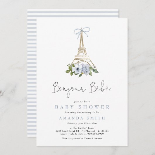 Bonjour Bebe Paris French Blue Eiffel Baby Dusche Einladung (Vorne/Hinten)
