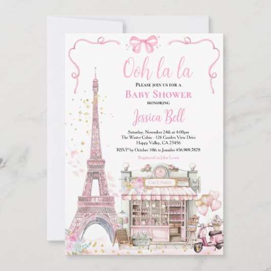 Bonjour Bebe Paris Girl Baby Dusche Pink Eiffel Einladung (Vorderseite)