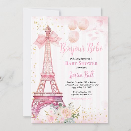 Bonjour Bebe Paris Girl Baby Dusche Pink Eiffel Einladung (Vorderseite)