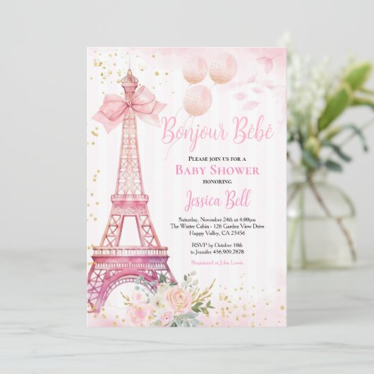 Bonjour Bebe Paris Girl Baby Dusche Pink Eiffel Einladung (Stehend Vorderseite)