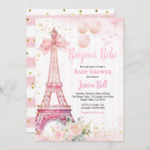 Bonjour Bebe Paris Girl Baby Dusche Pink Eiffel Einladung (Vorne/Hinten)