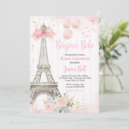 Bonjour Bebe Paris Girl Baby Dusche Pink Eiffel Einladung (Stehend Vorderseite)