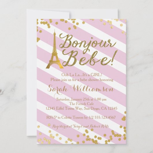 Bonjour Bebe Paris Mädchen-Babyparty-Einladung Einladung (Vorderseite)