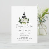 Bonjour Bebe Paris White Floral Baby Dusche Einladung (Stehend Vorderseite)