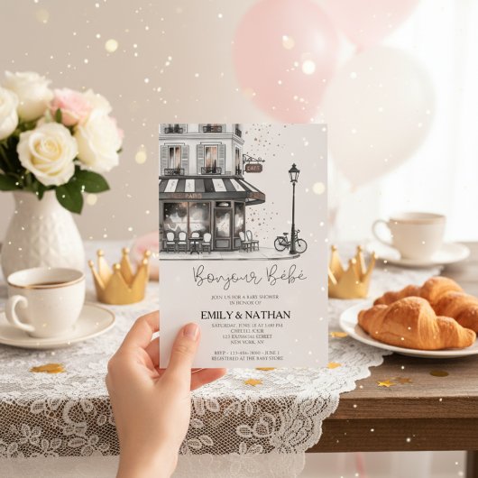 Bonjour Bebe Pariser Café rosa Eiffelturm Mädchen Einladung