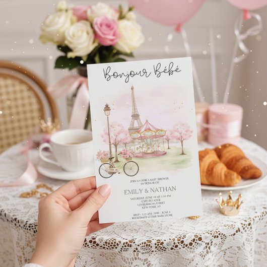 Bonjour Bebe Parisian café pink eiffel tower girls Einladung
