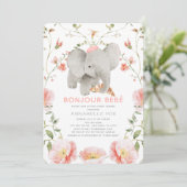 Bonjour Bébé Pink Beret Elephant Babydusche Einladung (Stehend Vorderseite)
