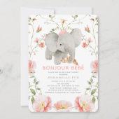 Bonjour Bébé Pink Beret Elephant Babydusche Einladung (Vorderseite)