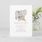 Bonjour Bébé Pink Beret Elephant Babydusche Einladung (Stehend Vorderseite)