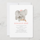 Bonjour Bébé Pink Beret Elephant Babydusche Einladung (Vorderseite)