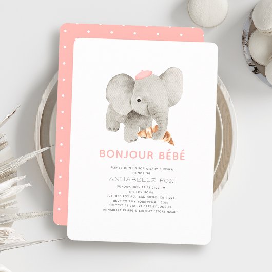 Bonjour Bébé Pink Beret Elephant Babydusche Einladung