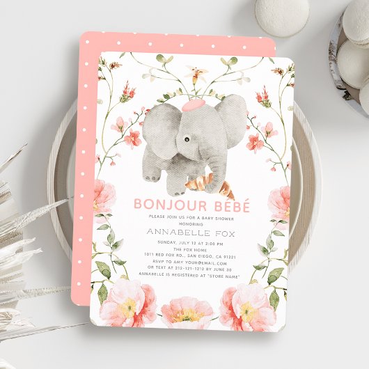 Bonjour Bébé Pink Beret Elephant Babydusche Einladung