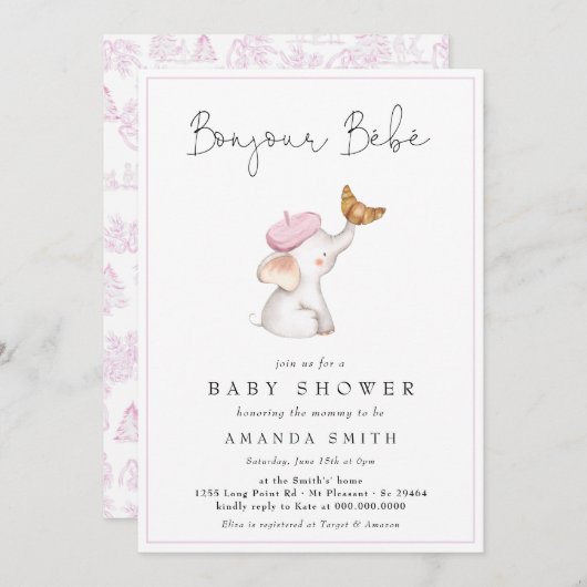 Bonjour Bebe Romantic French Girl Baby Shower Einladung (Vorne/Hinten)