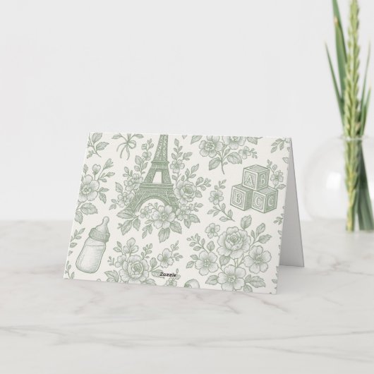 Bonjour Bebe Sage Green Toile French Baby Shower Dankeskarte (Rückseite)