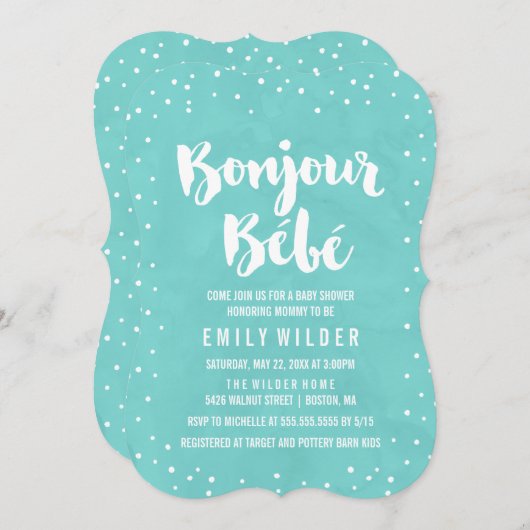 Bonjour Bebe Watercolor Babydusche Einladung (Vorne/Hinten)
