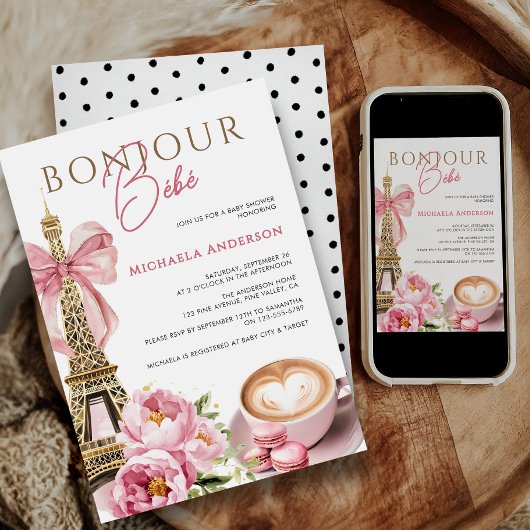 Bonjour Bébé Watercolor Coquette Bow Babydusche Einladung