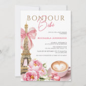 Bonjour Bébé Watercolor Coquette Bow Babydusche Einladung (Vorderseite)
