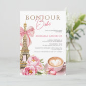 Bonjour Bébé Watercolor Coquette Bow Babydusche Einladung (Stehend Vorderseite)