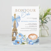 Bonjour Bébé Watercolor Coquette Bow Babydusche I Einladung (Stehend Vorderseite)