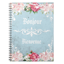 Bonjour Bienvenue Romantische Vintage Rose Notizblock