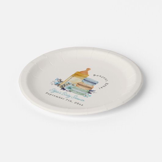 Bonjour Blue Macarons & Milk Boy Baby Shower Pappteller (Schrägansicht)