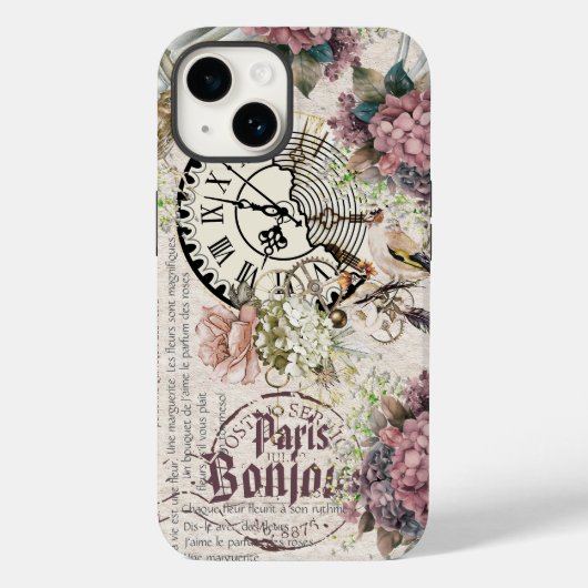 Bonjour Botanical french artwork Cute bird Grunge Case-Mate iPhone Hülle (Rückseite)