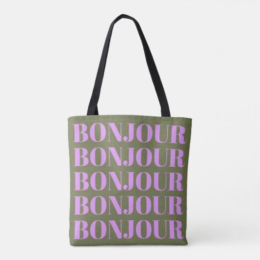 Bonjour | Chic Olive and Lilac Bold Typografy Tasche (Rückseite)