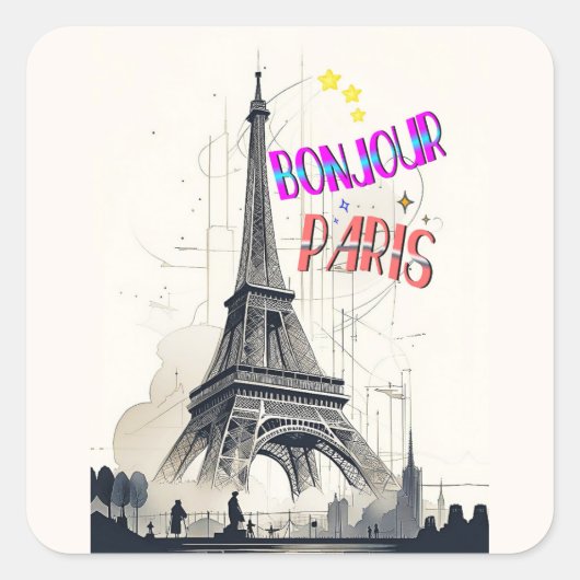 Bonjour Colorful Paris Quadratischer Aufkleber (Vorderseite)