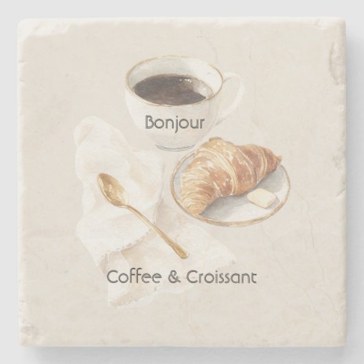 Bonjour Croissant & Kaffee   Steinuntersetzer (Vorderseite)