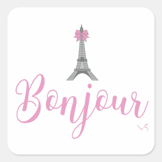 Bonjour-Eiffel Tower Bow Unique Quadratischer Aufkleber (Vorderseite)