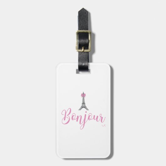 Bonjour-Eiffel Tower Pink Bow Gepäckanhänger (Vorderseite vertikal)