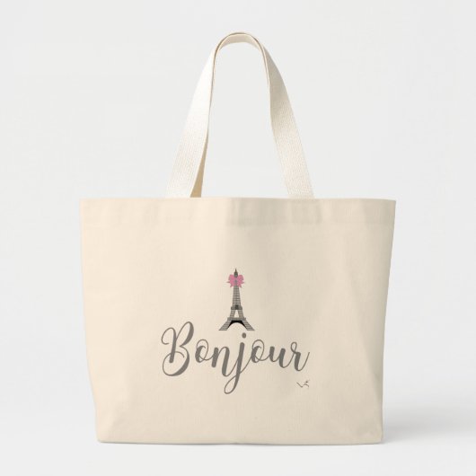 Bonjour-Eiffel Tower Pink Bow Jumbo Stoffbeutel (Vorne)