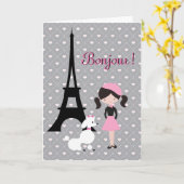 Bonjour Eiffelturm, Poodle und Girl zum Geburtstag Karte (Gelbe Blume)