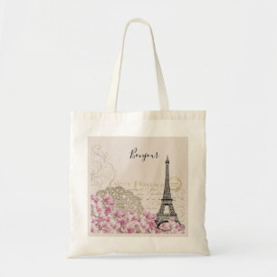 Bonjour Eiffelturm & rosa Blumen im Vintage-Stil Tragetasche