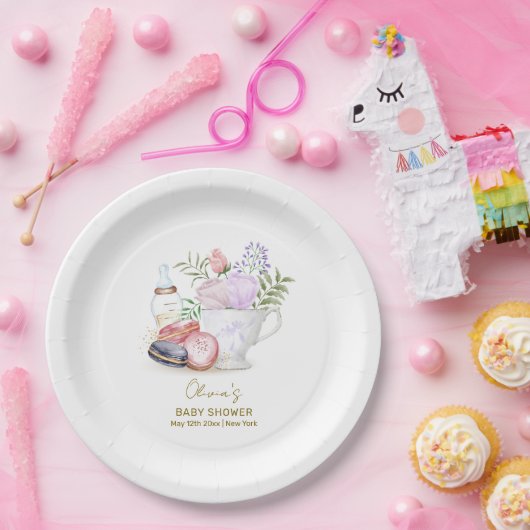 Bonjour Floral Macarons Milk Tea Baby Dusche Pappteller (Party)