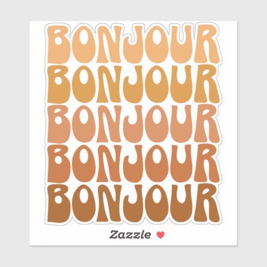 Bonjour | Französischer Hallo in Brown Groovy Typo Aufkleber (Blatt)