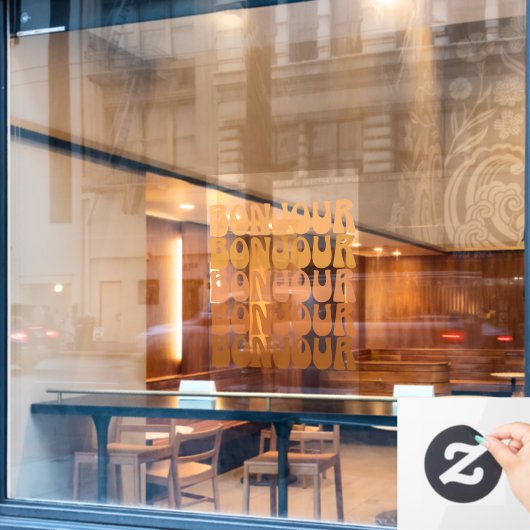 Bonjour | Französischer Hallo in Brown Groovy Typo Fensteraufkleber (Café-Fenster)