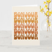 Bonjour | Französischer Hallo in Brown Groovy Typo Karte (Gelbe Blume)