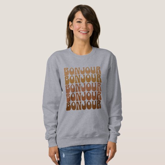 Bonjour | Französischer Hallo in Brown Groovy Typo Sweatshirt (Vorne ganz)