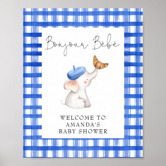 Bonjour French Gingham Blue Welcome Baby Dusche Poster (Vorne)