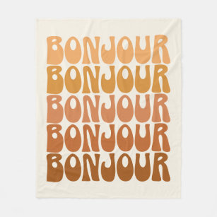 Bonjour French Hello Groovy Brown Typografie   Fleecedecke