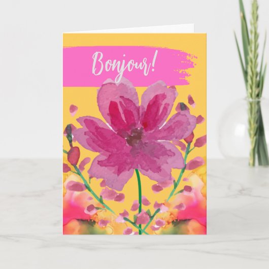 Bonjour Hello in French Watercolor Blume Karte (Vorderseite)